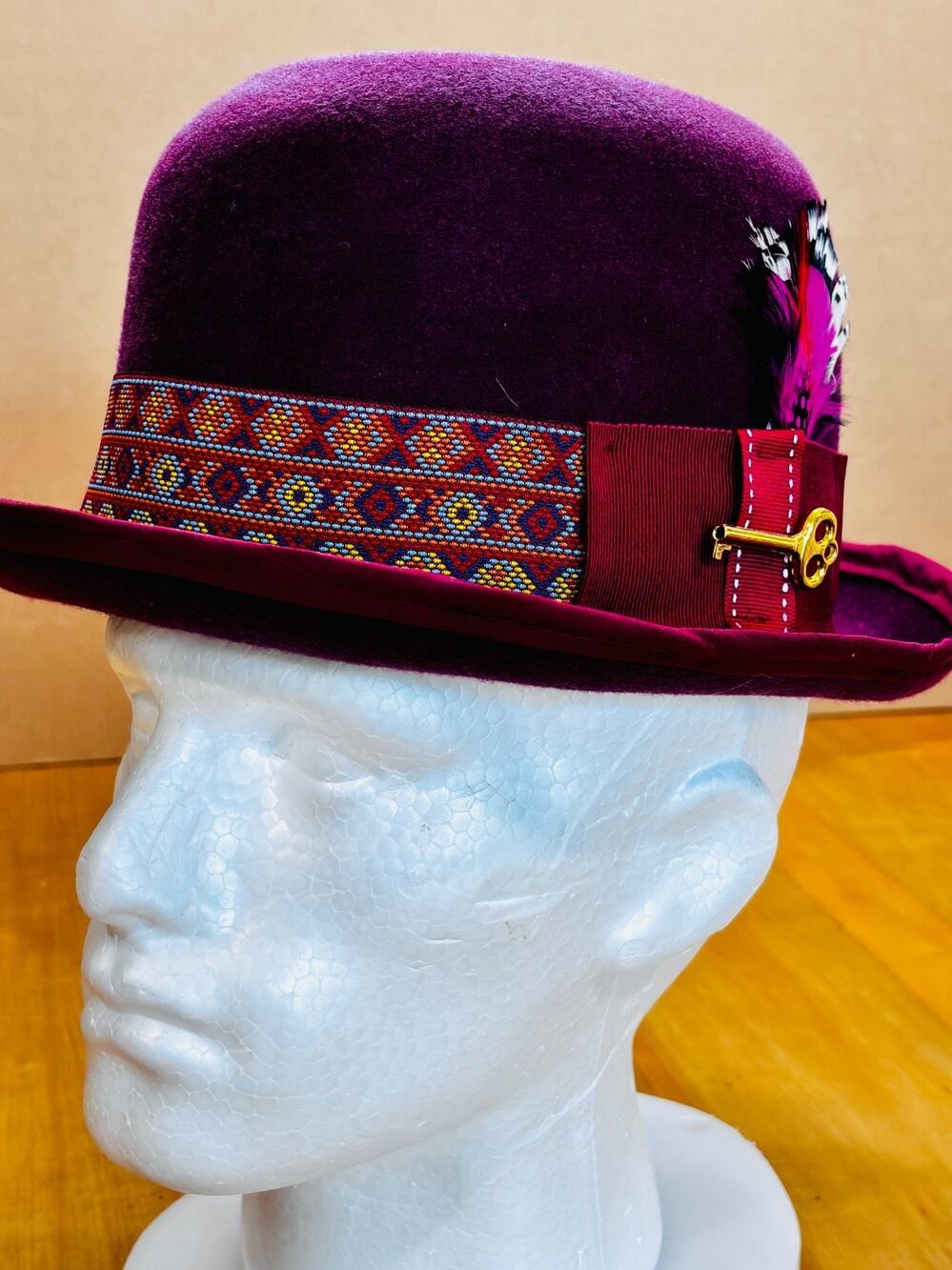 Men’s Handmade Burgundy Fedora Hat Large XL Feather Key Woven Band